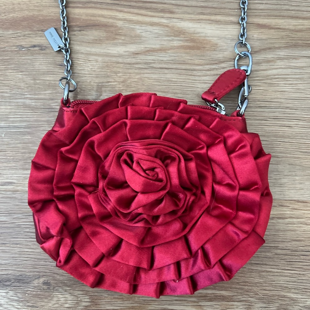 Nine West Red Satin Rose Crossbody Bag